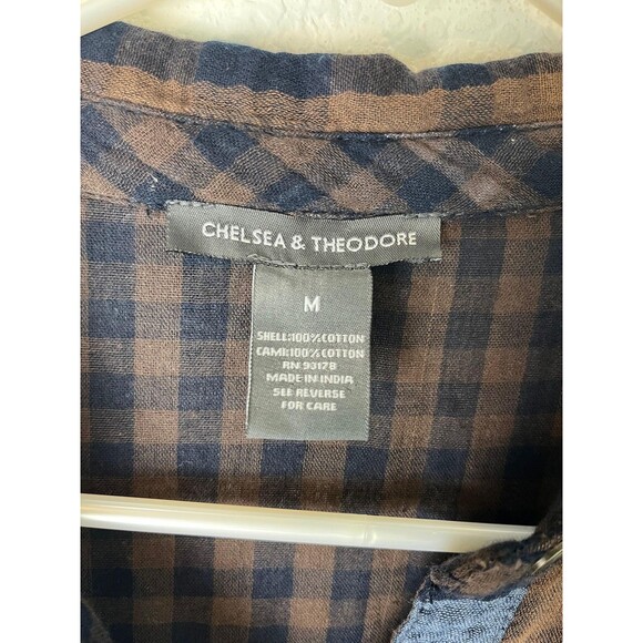 Chelsea & Theodore Shirt Dress Gauze Medium Plaid Button Front Pockets High Low - Picture 2 of 8